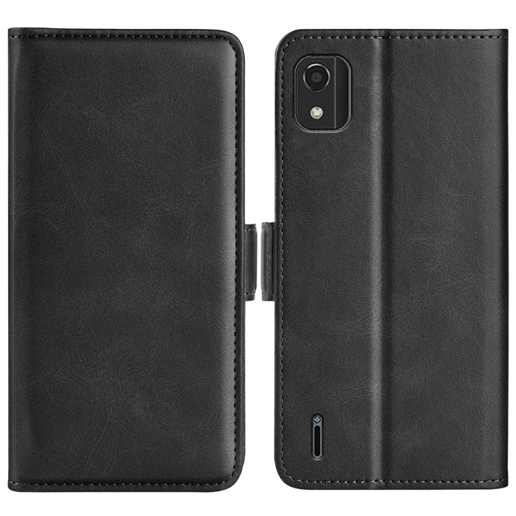 Black horizontal flip leather phone case with magnetic closure and camera cutout