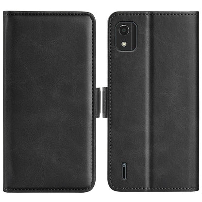 Black horizontal flip leather phone case with magnetic closure and camera cutout