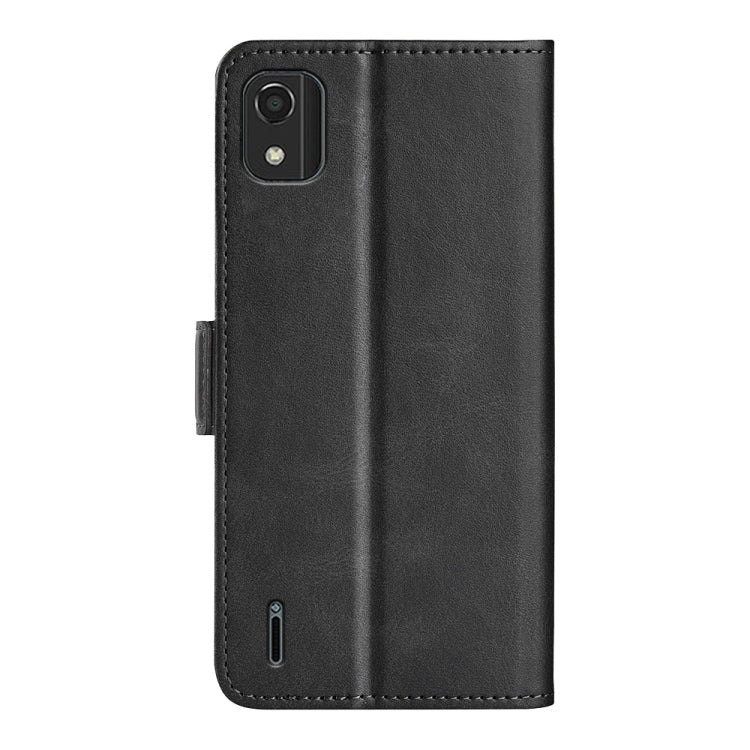 Black horizontal flip leather case showing camera cutout and magnetic closure