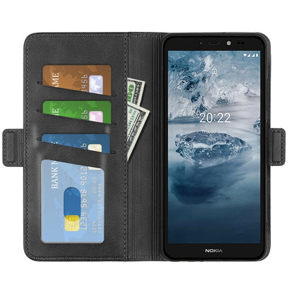 Black flip leather phone case with card slots and magnetic closure, phone attached