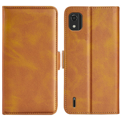 Brown horizontal flip leather phone case with magnetic closure and camera cutout