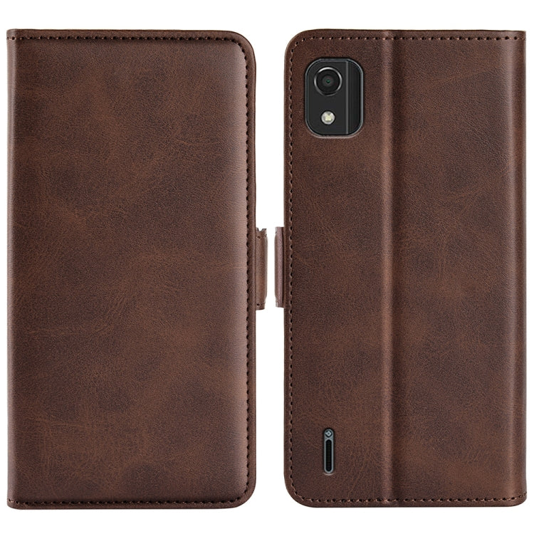 Brown horizontal flip leather phone case with magnetic closure and stitched trim