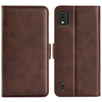 Brown horizontal flip leather phone case with magnetic closure and stitched trim