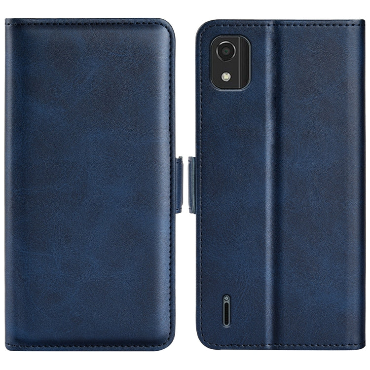Dark blue horizontal flip leather phone case with magnetic closure and camera cutout