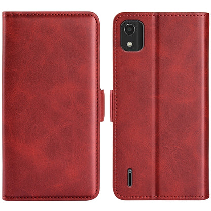 Red horizontal flip leather phone case with magnetic closure and camera cutout