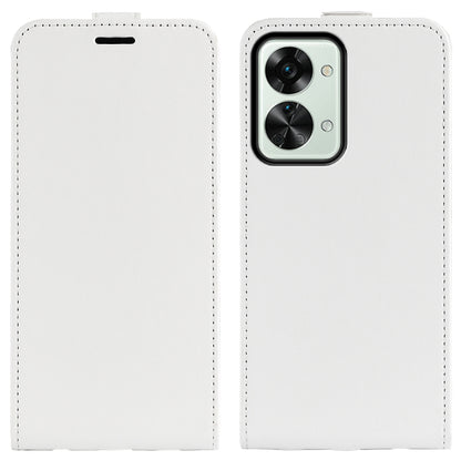 White textured leather vertical flip phone case with camera cutout and top port openings.