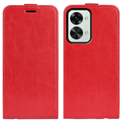 Red textured leather vertical flip phone case with camera cutout and top port openings.