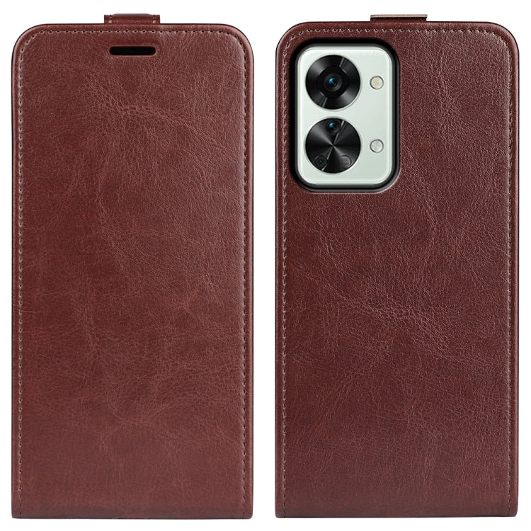 Brown textured leather vertical flip phone case with camera cutout and top port openings.