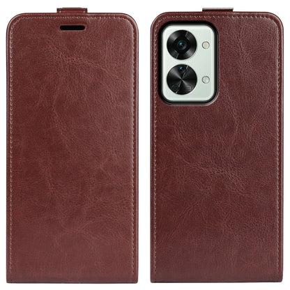 Brown textured leather vertical flip phone case with camera cutout and top port openings.