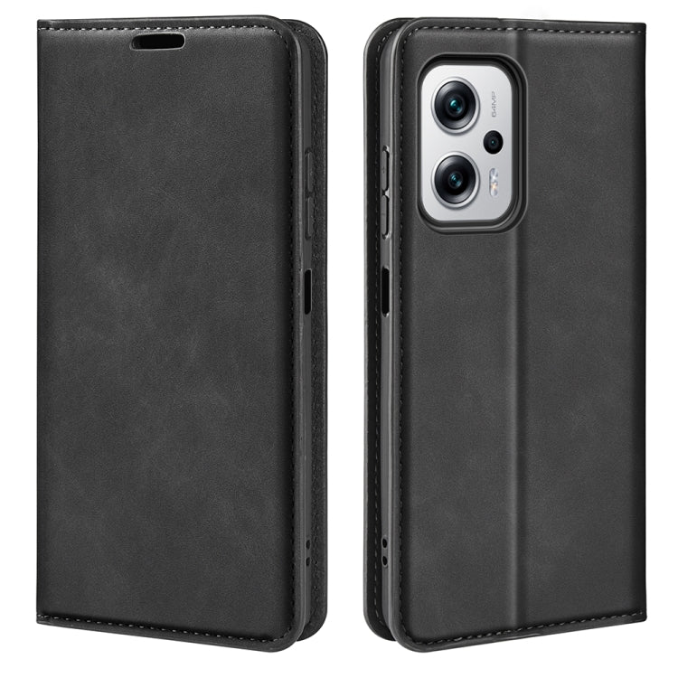 Magnetic leather wallet phone case for Redmi Note 11T Pro, black, folio design