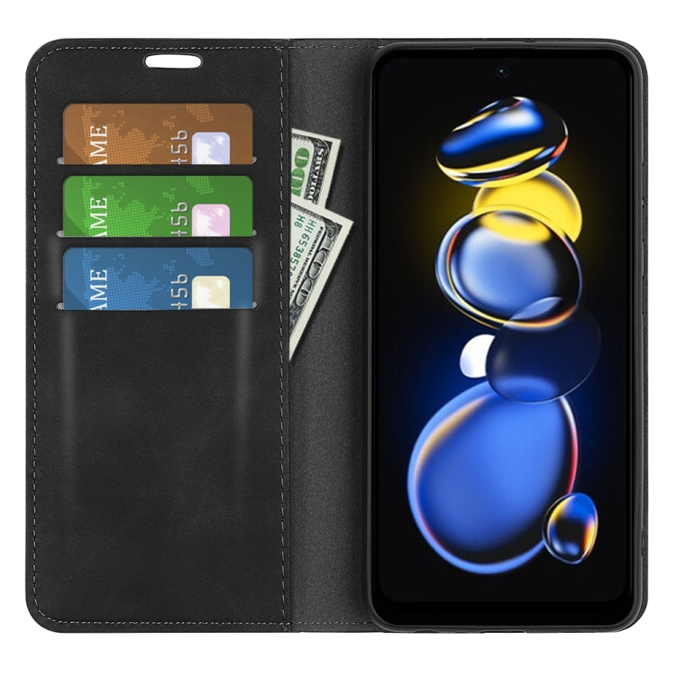 Magnetic leather wallet phone case for Redmi Note 11T Pro, black, card slots