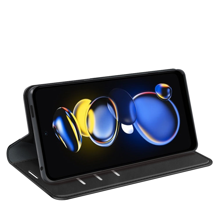 Magnetic leather folio phone case for Redmi Note 11T Pro, black, stand-up viewing