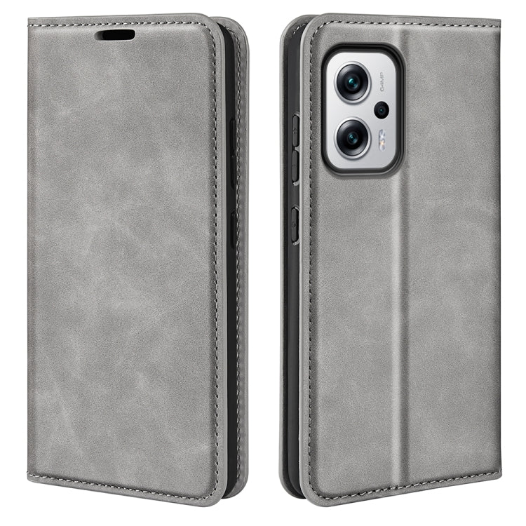Magnetic leather wallet phone case for Redmi Note 11T Pro, grey, folio design