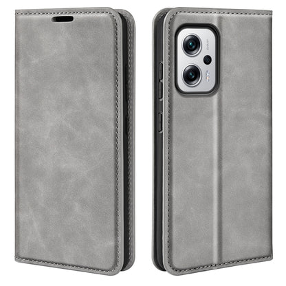 Magnetic leather wallet phone case for Redmi Note 11T Pro, grey, folio design