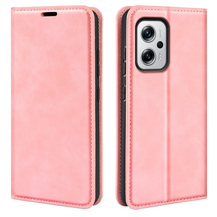 Magnetic leather wallet phone case for Redmi Note 11T Pro, pink, folio design