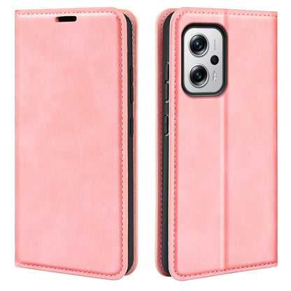 Magnetic leather wallet phone case for Redmi Note 11T Pro, pink, folio design