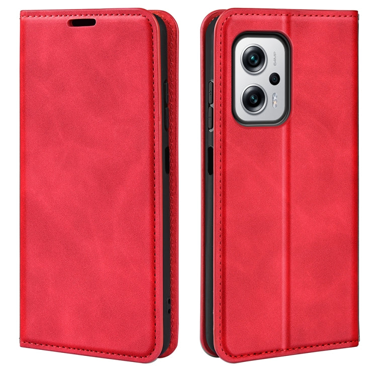 Magnetic leather wallet phone case for Redmi Note 11T Pro, red, folio design