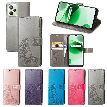 Four-leaf Clasp Embossed Buckle Leather Phone Case, For OPPO Realme C35