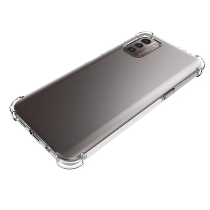 Clear shockproof TPU case for Nokia G21/G11 on gray phone with camera cutout