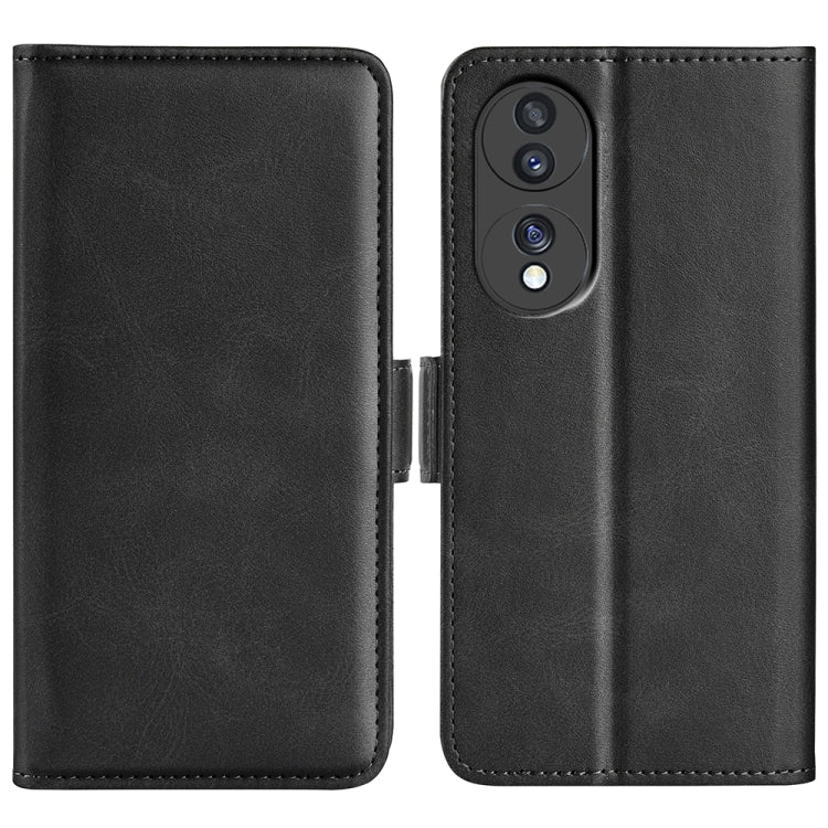 Black leather phone case with magnetic flip, dual-side cover.