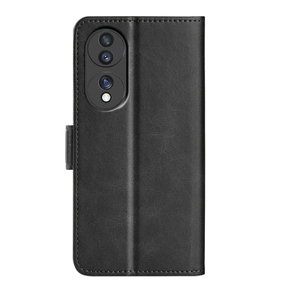Black leather flip phone case with camera cutout and magnetic closure.