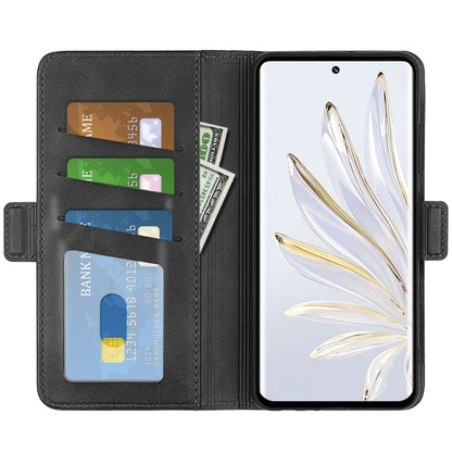 Black leather folio phone case with card slots and inner magnetic strap.