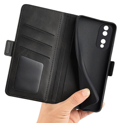 Black leather folio phone case, open with card pocket and magnetic closure.