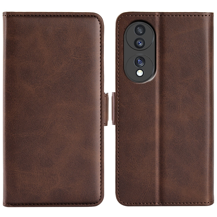Brown leather phone case with magnetic flip, dual-side cover.