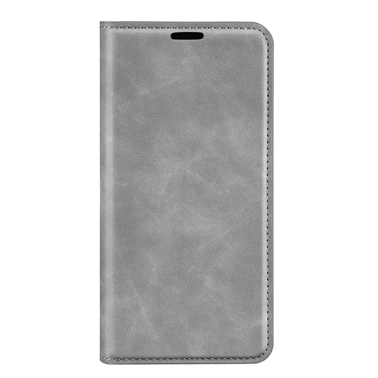 Grey leather-style flip phone case with magnetic closure and cutout for speaker
