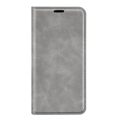Grey leather-style flip phone case with magnetic closure and cutout for speaker