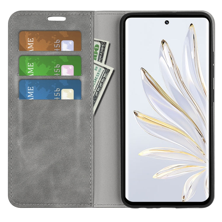 Grey leather-style folio wallet phone case with card slots and open flip