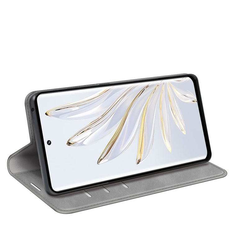 Grey leather-style magnetic phone case with stand viewing position