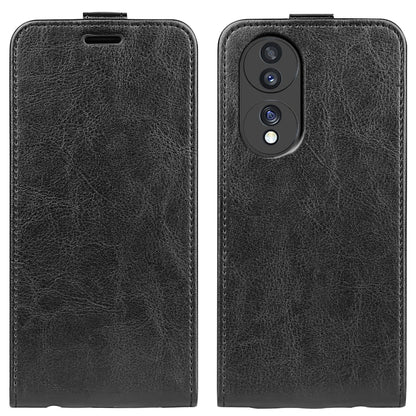 Black vertical flip leather phone case with textured finish and camera cutout