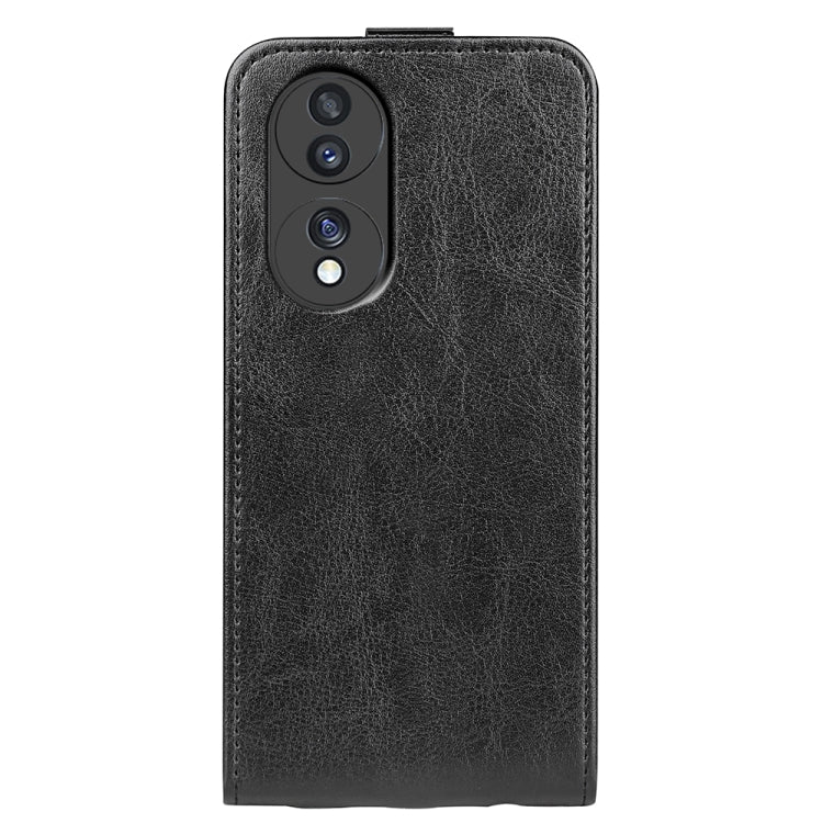 Black vertical flip leather phone case with camera openings on back