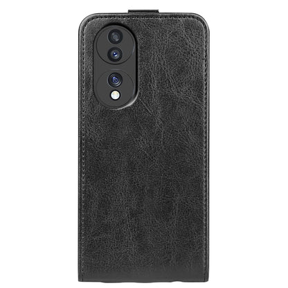 Black vertical flip leather phone case with camera openings on back