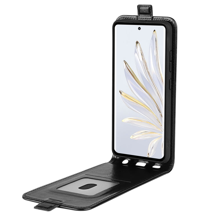 Black vertical flip leather phone case with front cover folded open