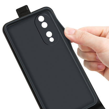 Black vertical flip leather phone case with camera cutouts; hand holding case