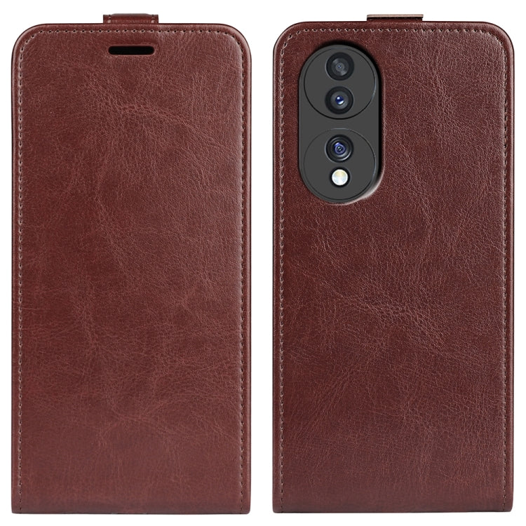 Brown vertical flip leather phone case with textured finish and camera cutout