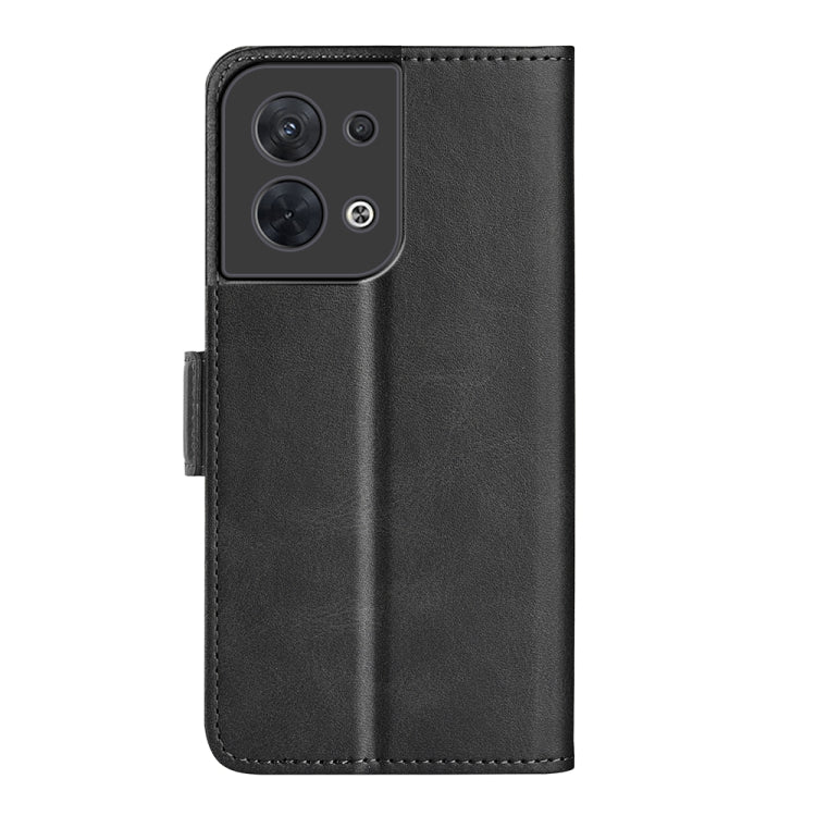 Black leather flip phone case with magnetic buckle, camera cutout and side strap