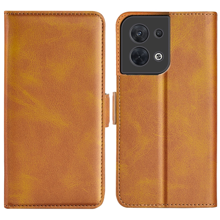 Tan leather flip phone case with magnetic buckle, dual cover and camera cutout