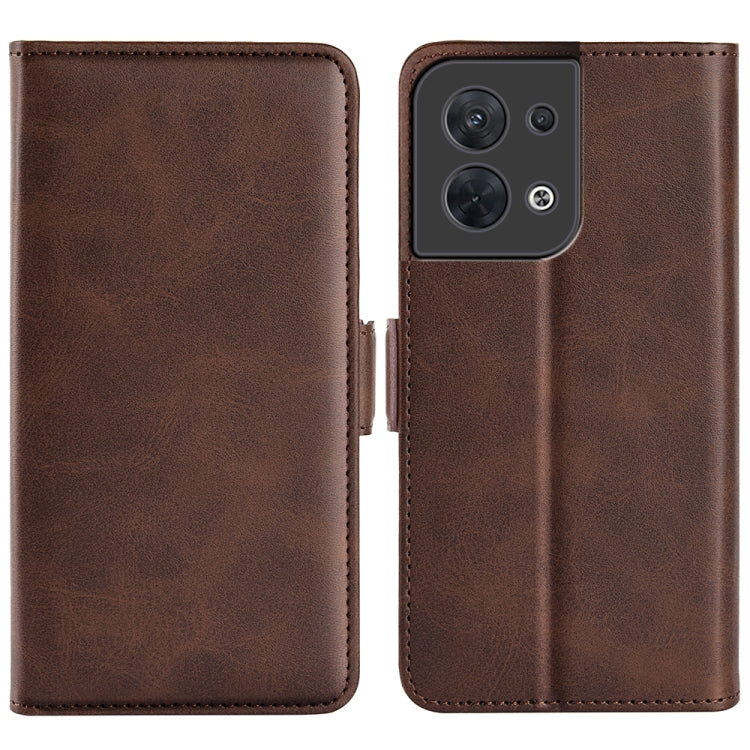 Brown leather flip phone case with magnetic buckle, dual cover and camera cutout