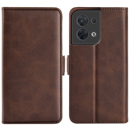 Brown leather flip phone case with magnetic buckle, dual cover and camera cutout