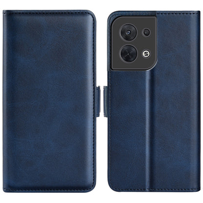 Dark blue leather flip phone case with magnetic buckle, dual cover and camera cutout