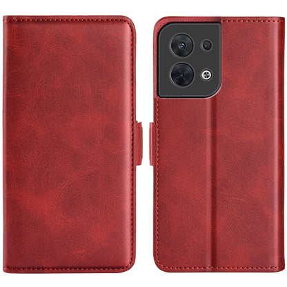 Red leather flip phone case with magnetic buckle, dual cover and camera cutout
