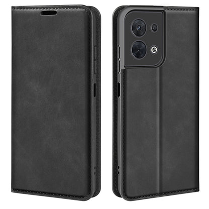 Black leather magnetic suction flip phone case with cutouts and stitched edges