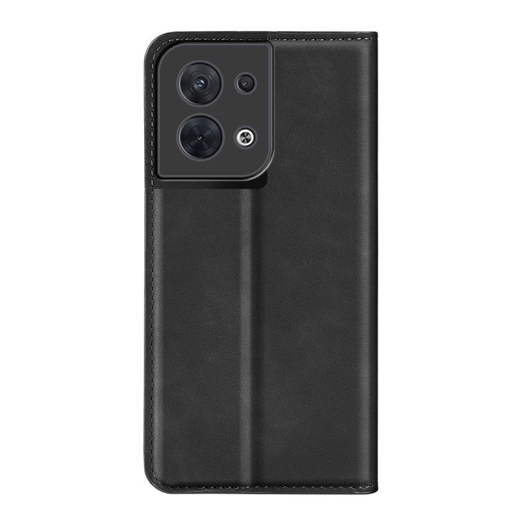 Black leather flip phone case with camera cutout and stitched edge details