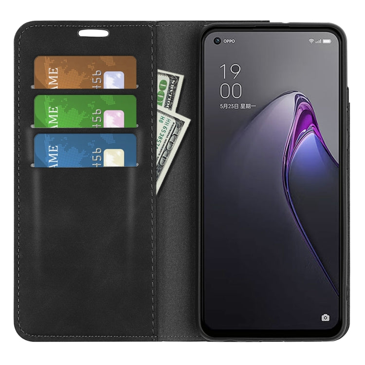 Black leather flip phone case with card slots and open front cover