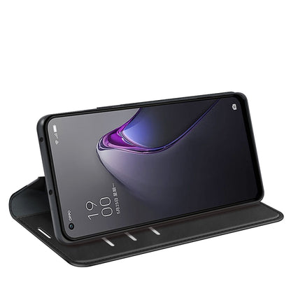 Black leather magnetic flip phone case opened as a stand