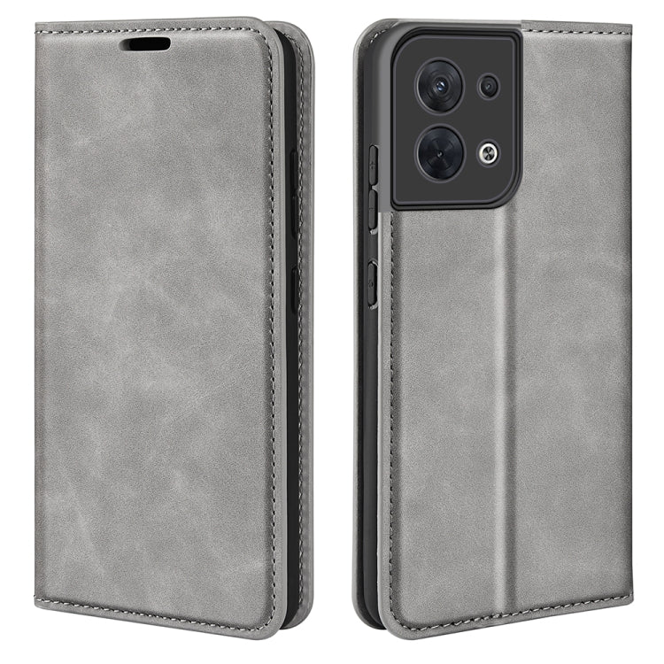 Grey leather magnetic suction flip phone case with stitched edges