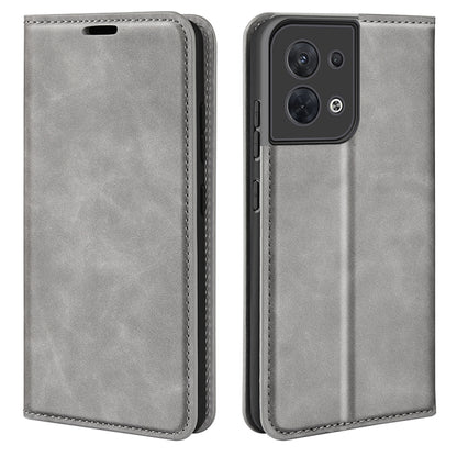 Grey leather magnetic suction flip phone case with stitched edges